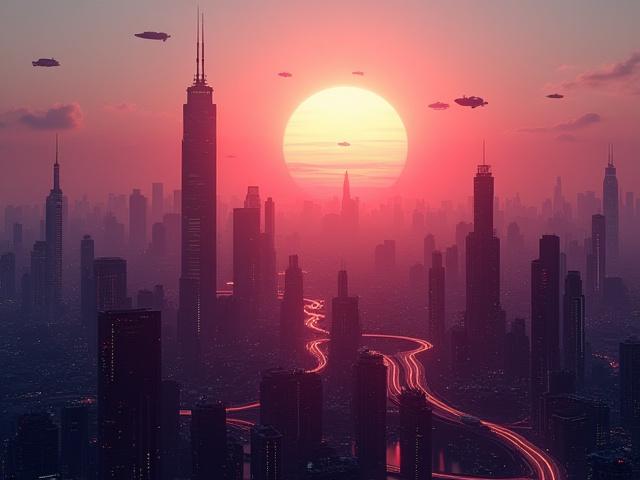Eine atemberaubende, futuristische Stadtlandschaft bei Sonnenuntergang, die eine hyperrealistische virtuelle Umgebung darstellt, mit leuchtenden Gebäuden und fliegenden Fahrzeugen.